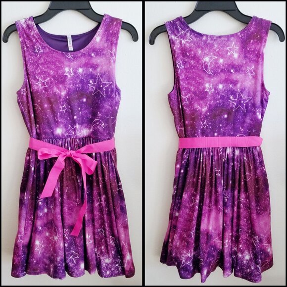 Girls Purple Celestial Print Dress ✦ Fabkids XL ✦ Pink Ribbon Belt ✦ Tulle Hem - Picture 2 of 6